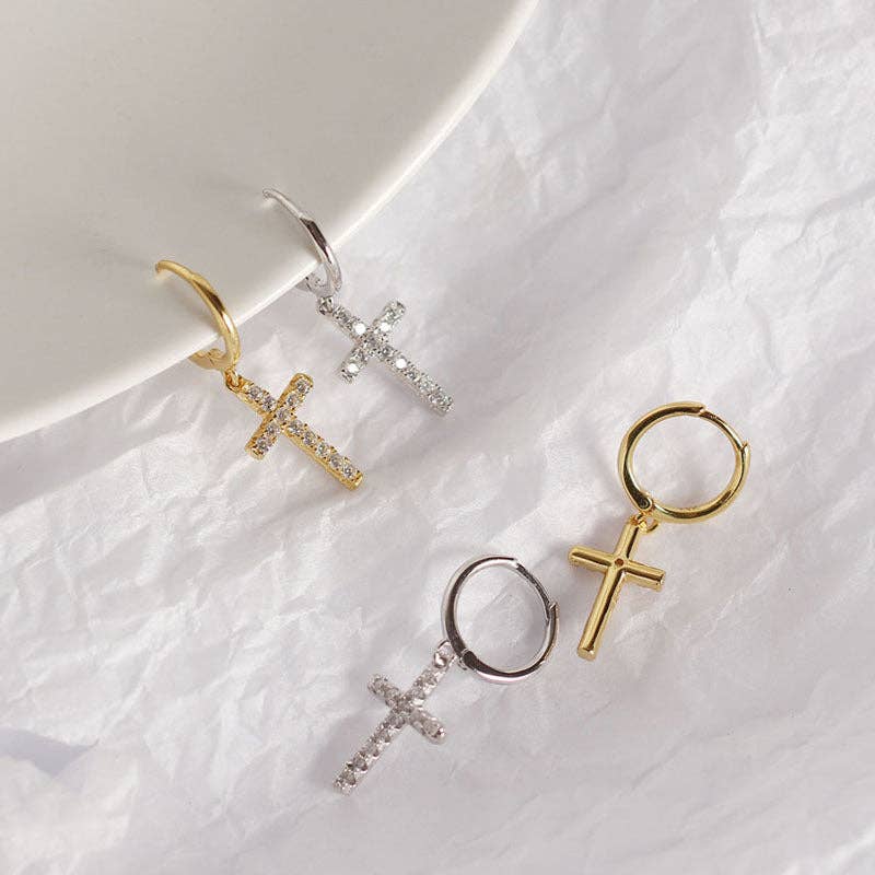 Cross Dangle Drop Hoop Earrings in 925 Sterling Silver