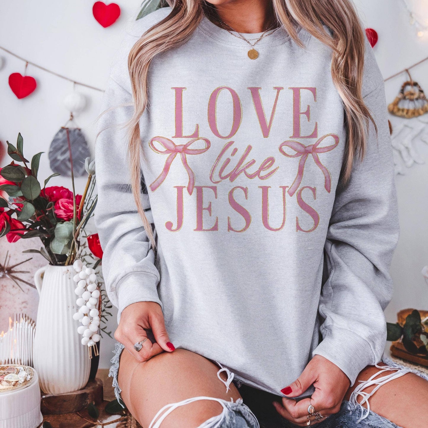 Love Like Jesus Gildan Sweatshirt, Coquette Pink Bow