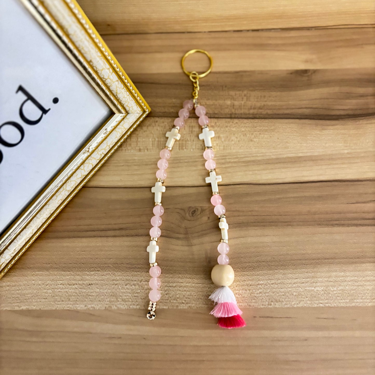 Pink Jesus Cross Beaded Tassle Keychain