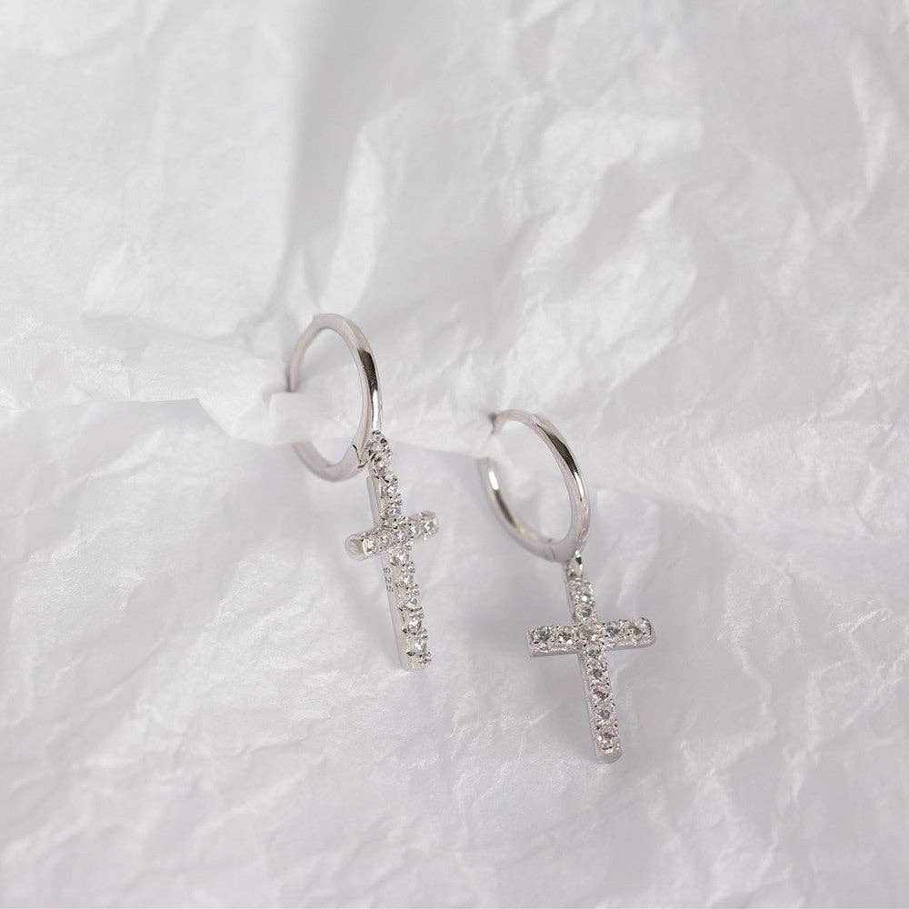 Cross Dangle Drop Hoop Earrings in 925 Sterling Silver