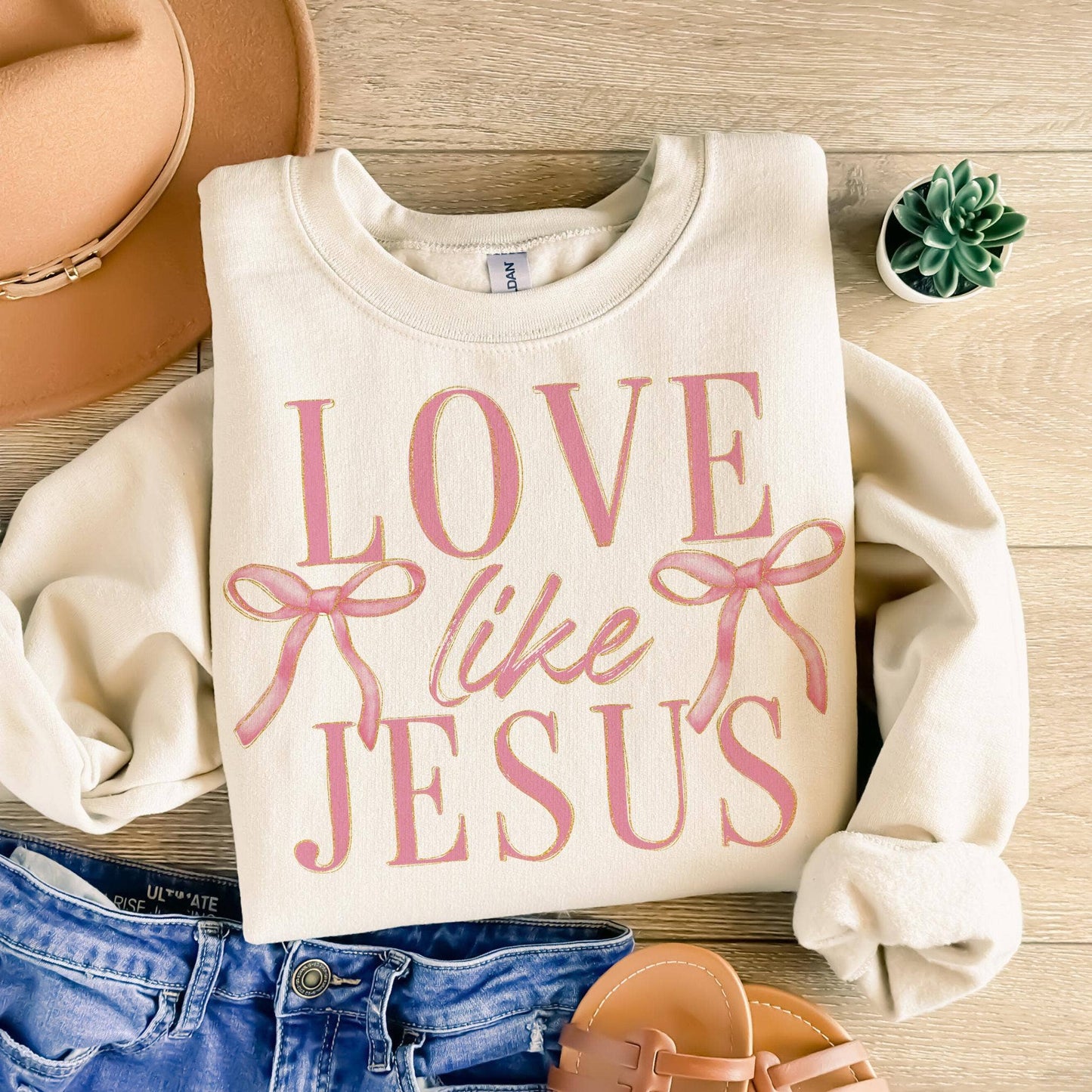 Love Like Jesus Gildan Sweatshirt, Coquette Pink Bow