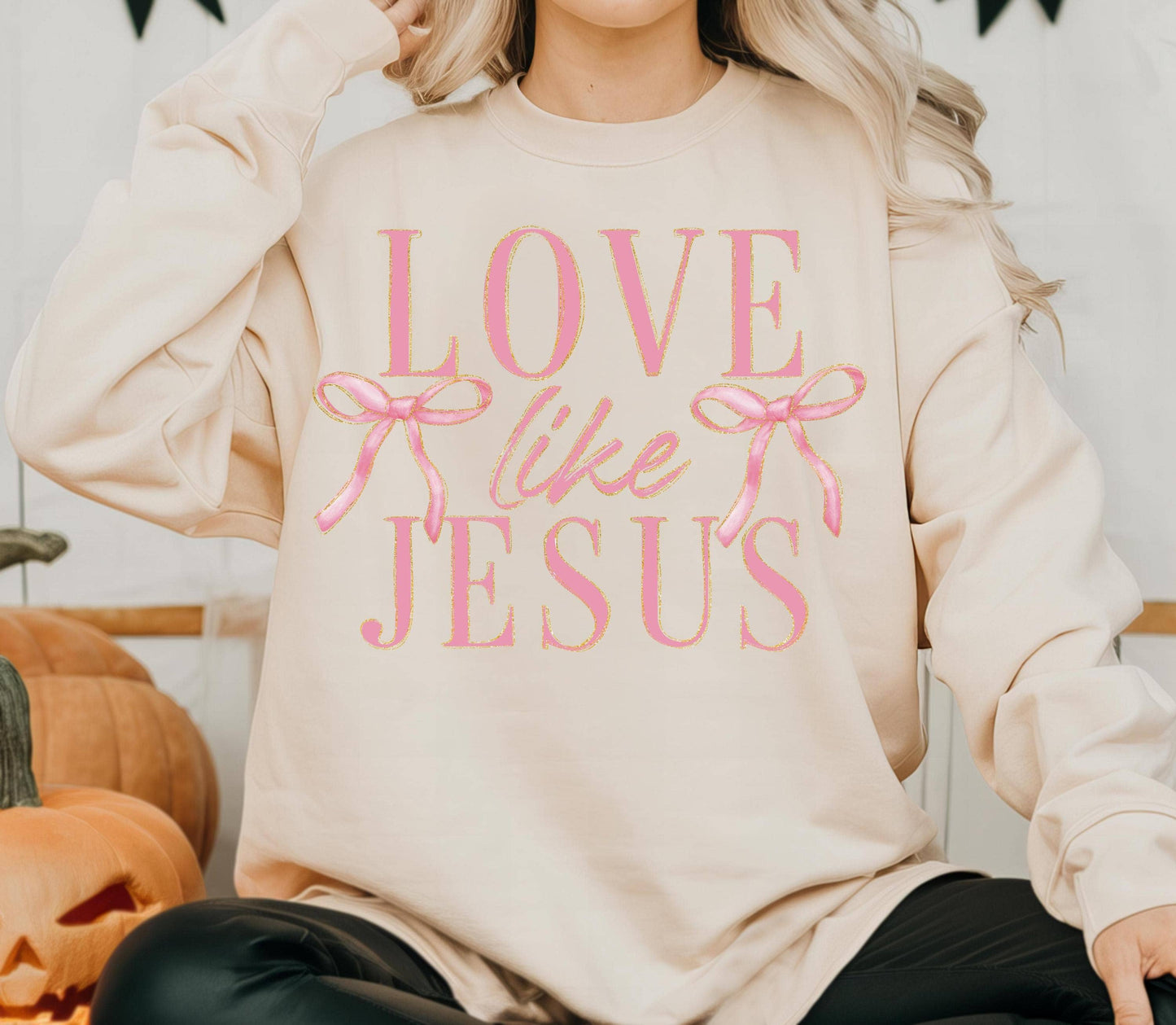 Love Like Jesus Gildan Sweatshirt, Coquette Pink Bow